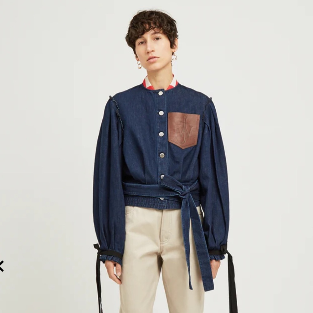 JW ANDERSON Dark Blue Denim Jacket with Brown Leather Pocket